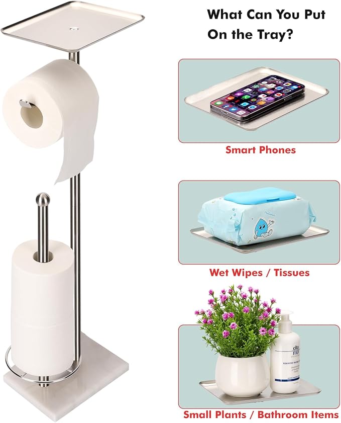 Toilet Paper Holder with Tray at The Top, Sturdy Marble Base No Wobby, Holding Extra 3 Toilet Paper Rolls As Spare Use, Freestanding No Drilling (Brushed Nickel)