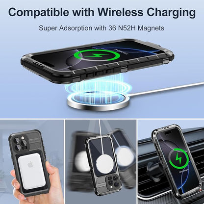WIFORT for iPhone 16 Pro Waterproof Case - Metal Heavy Duty [Built-in Screen Protector] [14FT Military Shockproof] [Fit for MagSafe], IP68 Full Body Rugged Water Proof Magnetic Cover, 6.3" Black