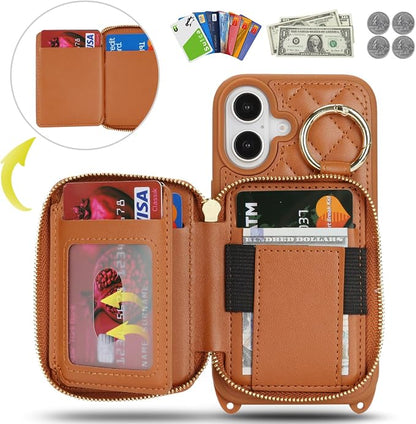 Crossbody Wallet Case for iPhone 17, PU Leather Zipper Handbag Purse Flip Cover, Kickstand Folio Case with Card Slots Holder Wrist Strap Lanyard 5G 6.3 Inch-Brown