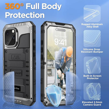 Mitywah Waterproof Case for iPhone 16 Pro, Shockproof Heavy Duty Case with Built-in Screen Protector, Underwater Full Body Protective Metal Case 6.3 inch, Silver