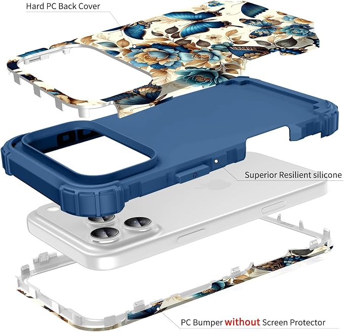 Hocase for iPhone 17 Pro Max Case, Heavy Duty Shockproof Protection Soft Silicone Rubber+Hard Plastic Bumpers Hybrid Protective Case for iPhone 17 Pro Max 2025 - Blue Butterflies