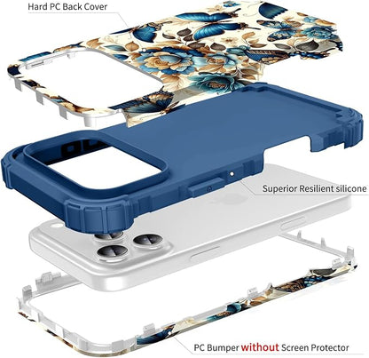 Hocase for iPhone 17 Pro Case 6.3", Heavy Duty Shockproof Protection Soft Silicone Rubber+Hard Plastic Bumpers Hybrid Protective Case for iPhone 17 Pro 2025 - Blue Butterflies