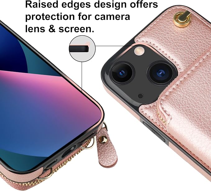 Bocasal Crossbody Wallet Case for iPhone 14/13, RFID Blocking Leather Purse Case with Card Holder, Protective Handbag Flip Cover with Zipper Wrist Strap Lanyard for Women 5G 6.1 Inch (Rose Gold)