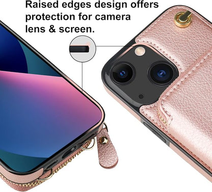 Bocasal Crossbody Wallet Case for iPhone 14/13, RFID Blocking Leather Purse Case with Card Holder, Protective Handbag Flip Cover with Zipper Wrist Strap Lanyard for Women 5G 6.1 Inch (Rose Gold)