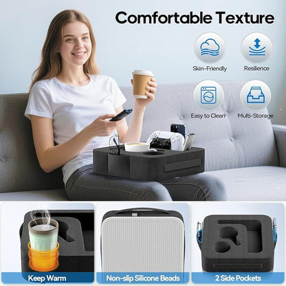 Couch Cup Holder Pillow, Sofa and Bed Organizer Caddy for iPad, Kindle, Switch, Game Controller, Remotes, Phones, Small-Sized Cup & Drink Holder for Couch, Bed, Desk, Car, Beach, Desk, Black