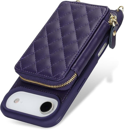 Crossbody Wallet Case for iPhone Air, PU Leather Zipper Handbag Purse Flip Cover, Kickstand Folio Case with Card Slots Holder Wrist Strap Lanyard 5G 6.5 Inch-Purple