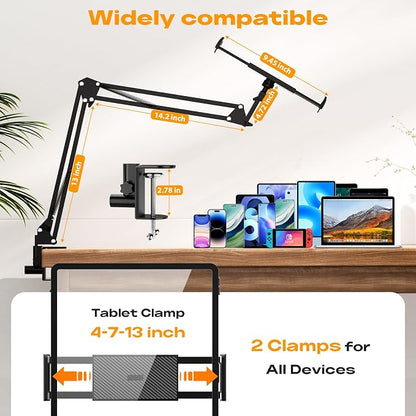 2 Pack Gooseneck Phone Holder for Bed Flexible Long Arm Phone Mount for Desk Upgraded Metal Stable Clip Bed Phone Holder for iPhone iPad mini 7 Kindle Switch All 4.7-13” Devices,Black