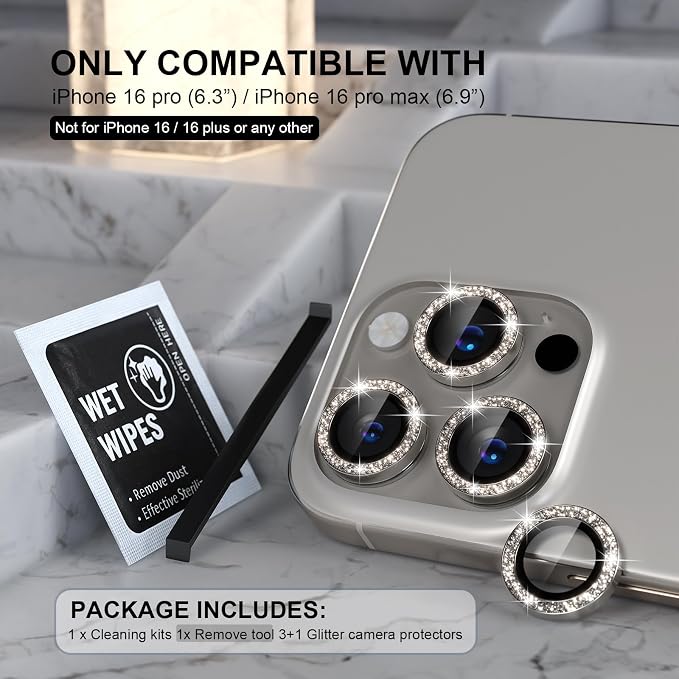 Choiche Compatible for iPhone 16 Pro/iPhone 16 Pro Max Camera Lens Protector Bling, 9H Tempered Glass Camera Cover Screen Protector Metal Ring Decoration Accessories(Glitter-Titanium Natural)
