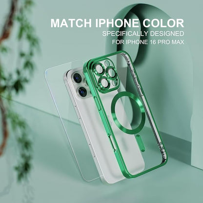 Misea Magnetic for iPhone 16 Pro Max Case Compatible with MagSafe [Never Yellowing] [Military Grade Drop Protection] Full Camera Lens Protector Plating Soft Clear Phone Case for Women 6.9", Green