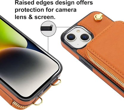 Bocasal for MagSafe Crossbody Wallet Case Compatible with iPhone 14 iPhone 13, RFID Blocking Protective Purse Case with Card Slots Holder Kickstand Wrist Strap Lanyard Zipper 6.1 Inch 5G (Brown)