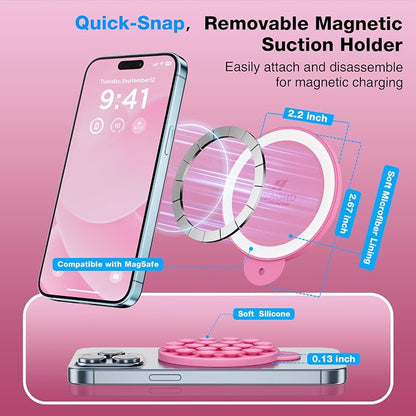 Magnetic Suction Cup Phone Mount with MagSafe, Silicone Hands-Free Grip Holder for iPhone Case and Android, Mirror Shower Phone Stand for Makeup FaceTime Gym Kitchen Bathroom, Tender Pink