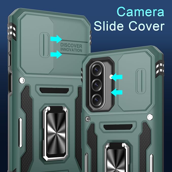 DEERLAMN Case for Samsung Galaxy A17 5G with Slide Camera Cover+Screen Protector (1 Pack), Rotated Ring Kickstand Military Grade Shockproof Protective Cover-Green