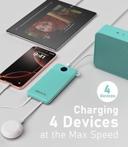 Portable Charger with Built in Cables, 10000mAh Power Bank, Battery Pack | 1 Pack, Slim, Travel Essentials, 4 Output 2 Input, for iPhone 17/16/15/14/13,Samsung, Android, etc-Green