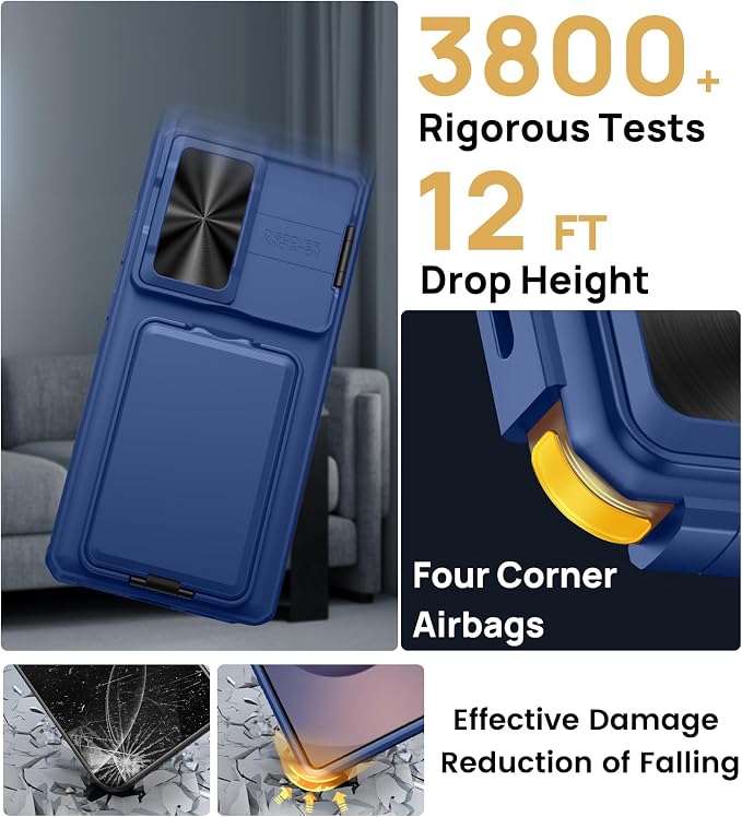 SSLOTSCASE for Samsung Galaxy S25 Ultra Case with 2X Screen Protector, Stand & Credit Card Holder & Sliding Camera Cover, Full-Body Drop Proof Silicone Edge Protective Cover for S25 Ultra, Blue