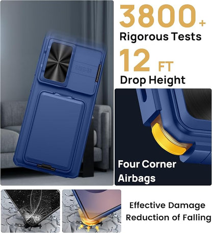 SSLOTSCASE for Samsung Galaxy S25 Ultra Case with 2X Screen Protector, Stand & Credit Card Holder & Sliding Camera Cover, Full-Body Drop Proof Silicone Edge Protective Cover for S25 Ultra, Blue