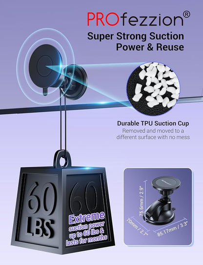 PROfezzion Multi-Surface Suction Mount Detachable Magnetic Phone Holder for Mirror Shower Bathroom Kitchen Window Videos Compatible with MagSafe iPhone 17 16 15 14 13 12 Pro Max & All Phones - Black