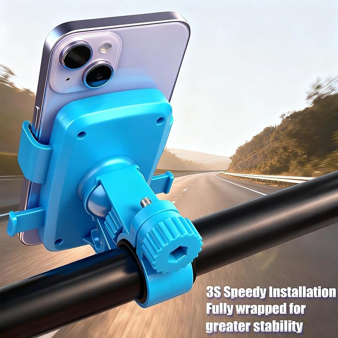 Motorcycle Bike Phone Mount, Bike Cell Phone Holder Clip, Bicycle Scooter Handlebar Clamp, for iPhone 17 16 15 14 Pro Max, Galaxy S25 S24 Ultra, 4.7-7" Phones, Blue