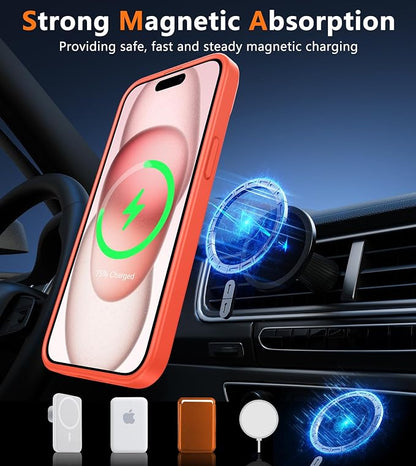 FNTCASE for iPhone 15 Case: for iPhone 14 Case & iPhone 13 Case [Compatible with Magsafe] Translucent Matte Cases with [Screen Protector] Military Grade Shockproof Protective Phone Cover - Orange