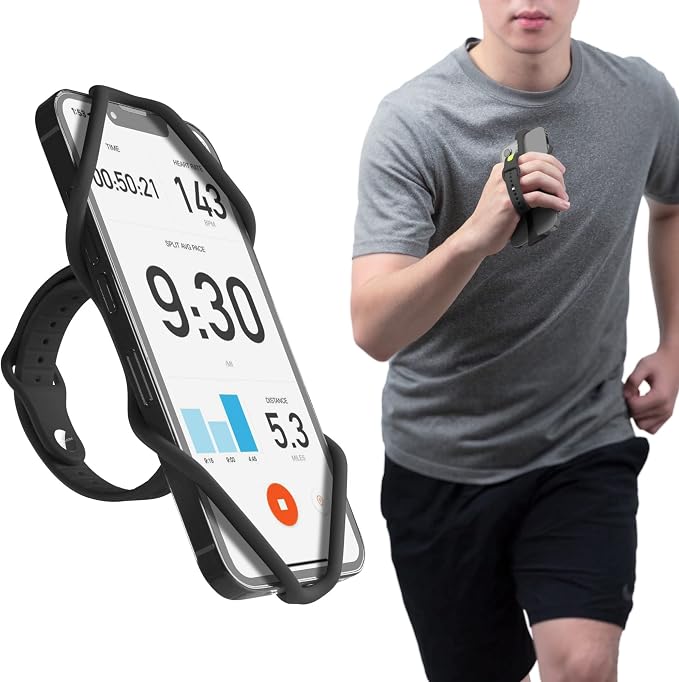 BONE Run Tie Handheld 2, Running Phone Holder, 2-in-1 Handheld/Wristband Design, Adjustable & Skin-Friendly Silicone Strap for Workout, Universal Sport Phone Carrier for Most Smartphone (Black)