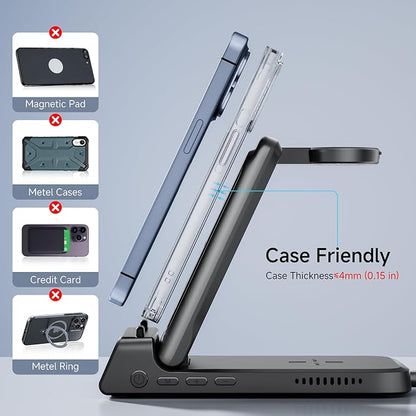Charging Station for iPhone 17/Air, SwanScout 703A, Wireless Charger for iPhone 16/15/14/13/12/11 Series, for Apple Watch 11/10/Ultra 3/9/8/7/6/5/SE 2, for Airpods Pro 3/2, Foldable and Portable