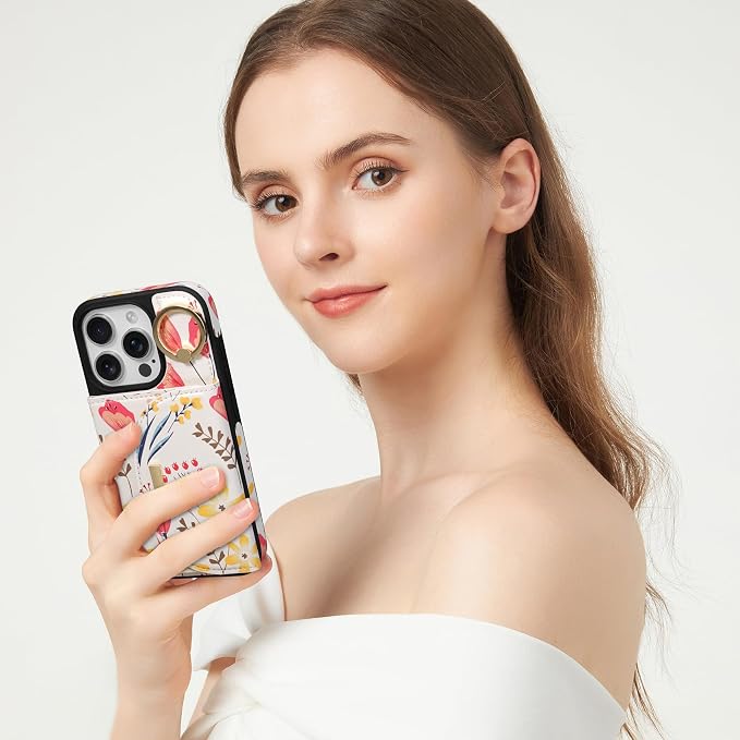 Keallce Wallet Case for iPhone 16 Pro Max 6.9'', Flip Case with Card Slots, Ring Holder Kickstand, PU Leather Protective Folio Cover for Women, Floral