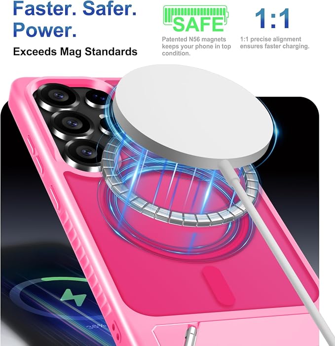 for Samsung Galaxy S25 Ultra Case with Screen Protector+Lanyard Wrist Strap,Magnetic Translucent Matte Rugged Slim Phone Cover Built in Invisible Kickstand [Fit for MagSafe],2025 Hot Pink