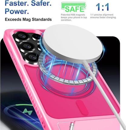 for Samsung Galaxy S25 Ultra Case with Screen Protector+Lanyard Wrist Strap,Magnetic Translucent Matte Rugged Slim Phone Cover Built in Invisible Kickstand [Fit for MagSafe],2025 Hot Pink