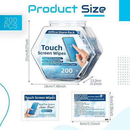 200 Pack Touch Screen Wipes Pre Moistened Lens Computer Electronic Screen Wipes Individually for Monitors with 1 Clear Plastic Bottle for Glasses Smartphone Screens