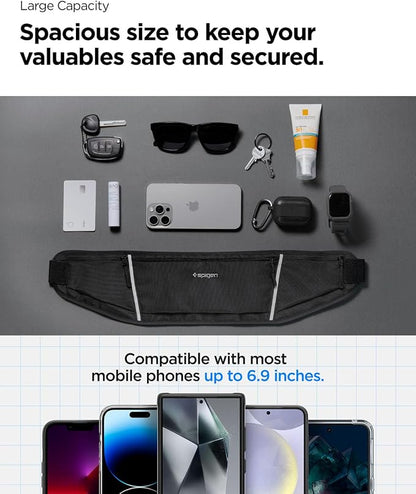 Spigen Life A710 Dynamic Shield Slim Running Adjustable Waist Belt Fanny Pack for Men & Women, Phone Holder, Lightweight, Water Resistant, Reflective, Bounce-free for Running, Jogging, Sports - Black