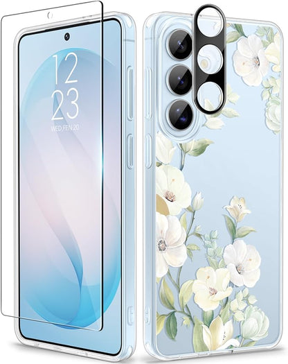 GVIEWIN for Samsung Galaxy S26 Case, Clear Floral Slim Shockproof Protective Women Phone Case, Non-Yellowing, with Screen Protector & Camera Lens Protector for Galaxy S26 6.3", Hibiscus/Green