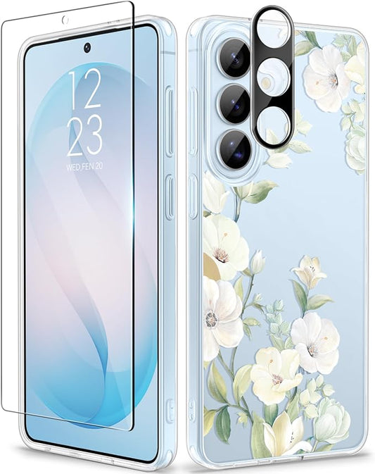 GVIEWIN for Samsung Galaxy S26 Case, Clear Floral Slim Shockproof Protective Women Phone Case, Non-Yellowing, with Screen Protector & Camera Lens Protector for Galaxy S26 6.3", Hibiscus/Green