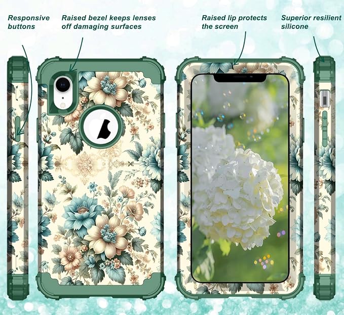 Hocase for iPhone XR Case, Heavy Duty Shockproof Protection Soft Silicone Rubber+Hard Plastic Bumper Hybrid Dual Layer Protective Case for iPhone XR (6.1" Display) 2018 - Teal Blue Flowers