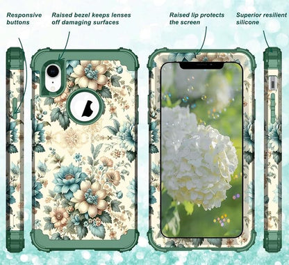 Hocase for iPhone XR Case, Heavy Duty Shockproof Protection Soft Silicone Rubber+Hard Plastic Bumper Hybrid Dual Layer Protective Case for iPhone XR (6.1" Display) 2018 - Teal Blue Flowers