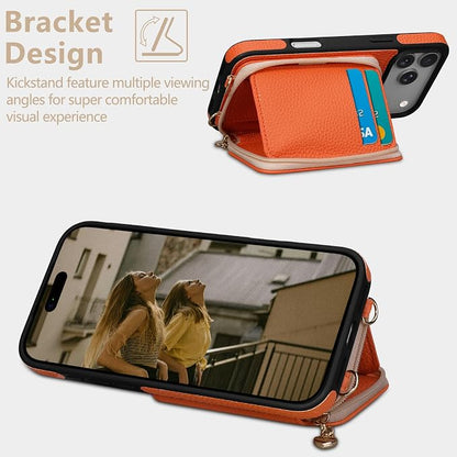 Keallce Case for iPhone 17 Pro Max 6.9'' Case Wallet, Crossbody Zipper Purse with RFID Blocking Card Slots Kickstand, Lanyard & Handstrap Flip Folio Leather Phone Cover for iPhone 17 Pro Max, Orange