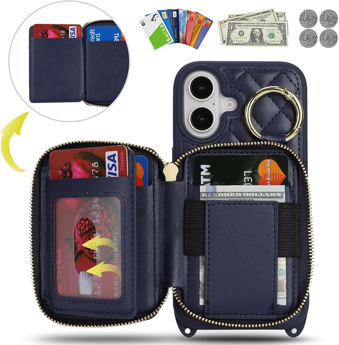 Crossbody Wallet Case for iPhone 17, PU Leather Zipper Handbag Purse Flip Cover, Kickstand Folio Case with Card Slots Holder Wrist Strap Lanyard 5G 6.3 Inch-Blue