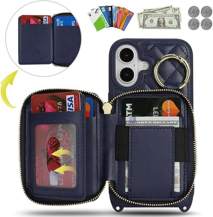 Crossbody Wallet Case for iPhone 17, PU Leather Zipper Handbag Purse Flip Cover, Kickstand Folio Case with Card Slots Holder Wrist Strap Lanyard 5G 6.3 Inch-Blue