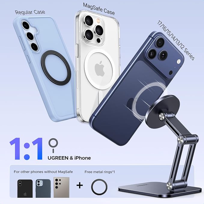 UGREEN Magnetic Phone Stand Compatible with MagSafe Holder for Desk Ergonomic Design Adjustable, Aluminum Cell Phone Stand Compatible for iPhone 17 Air 16 15 14 13 12 Pro Max and MagSafe Case, Grey