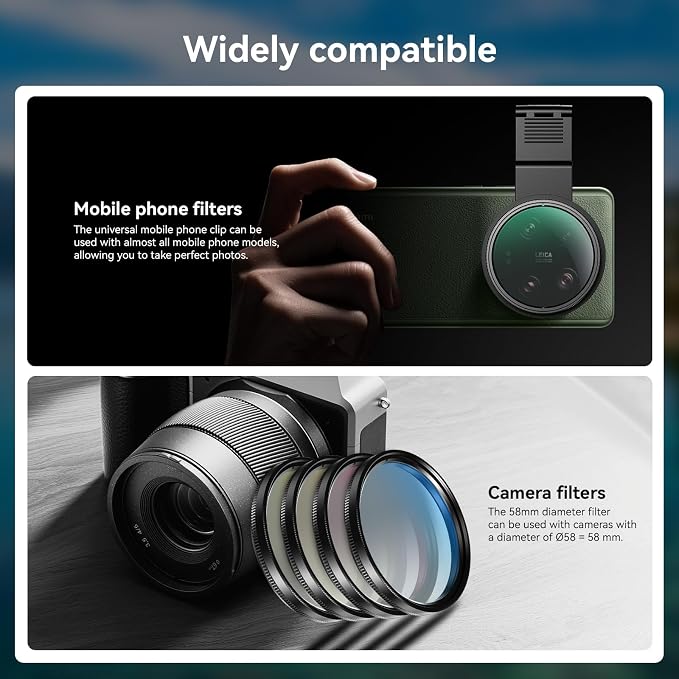 APEXEL 58mm Phone Filter Kit with Cell Phone Clip (7 Pcs: CPL/ND32/Star/4-Color Graduated Filters) Compatible with iPhone 17 16 15 14 Pro Max 13 12 11 & Canon Nikon Sony Cameras, with Cold Shoe Mount