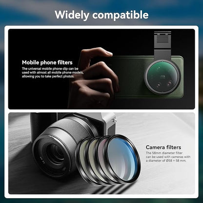 APEXEL 58mm Phone Filter Kit with Cell Phone Clip (7 Pcs: CPL/ND32/Star/4-Color Graduated Filters) Compatible with iPhone 17 16 15 14 Pro Max 13 12 11 & Canon Nikon Sony Cameras, with Cold Shoe Mount