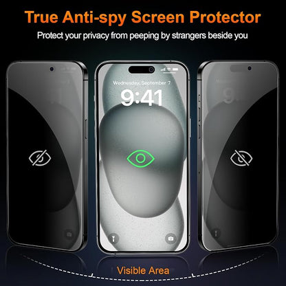 2 Pack for iPhone 15 Privacy Tempered Glass Screen Protector 6.1 Inch, 9H Hardness, Scratch Resistant with Updated Easy Installation Tool