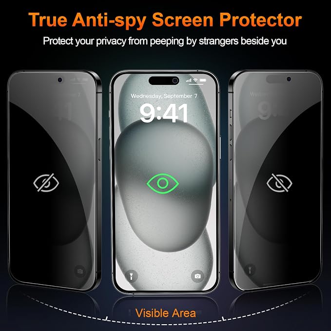 2 Pack for iPhone 15 Plus Privacy Tempered Glass Screen Protector 6.7 Inch, 9H Hardness, Auto Dust Removal, Scratch Resistant with Updated Easy Installation Tool