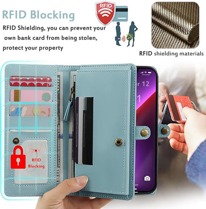 for Wallet Case Compatible with iPhone 13 Pro Max,Multi-Function Detachable 2 in 1 Magnetic iPhone 13 Pro Max Case Wallet,Flip Strap Zipper Card Holder Phone Case with Shoulder Straps (Blue)