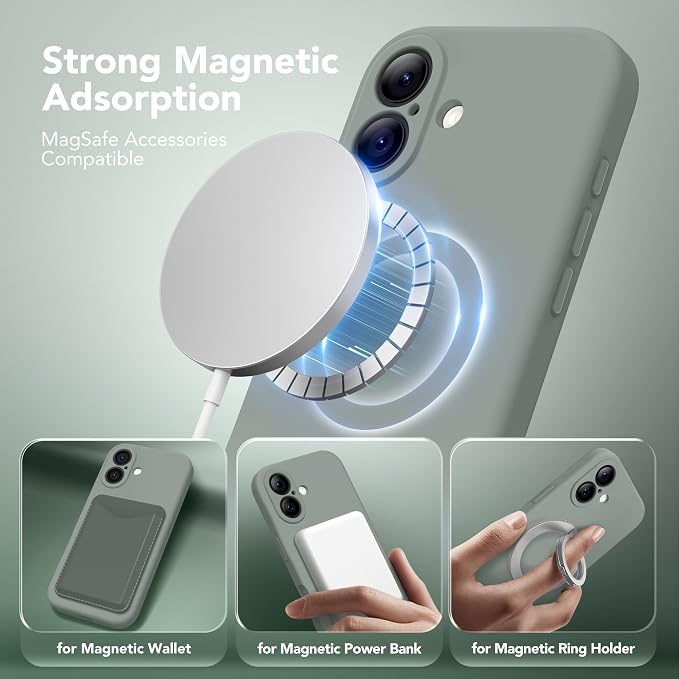Magnetic for iPhone 16 Case, Compatible with MagSafe, [Screen Protector + Full Camera Protection], Silicone Shockproof Anti-Scratch Protective Phone Case for iPhone 16 6.1", Calke Green