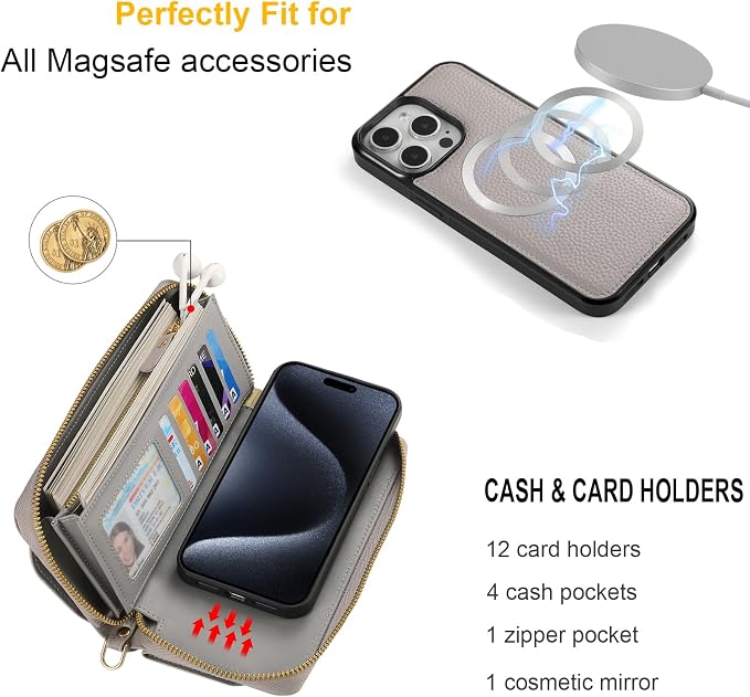 Crossbody Wallet Case for iPhone 16 Pro Max, Magnetic Detachable Floral PU Leather Phone Case with RFID Blocking Card Holder Wristlet Mirror Flip Zipper Shoulder Purse for Wome - Gray