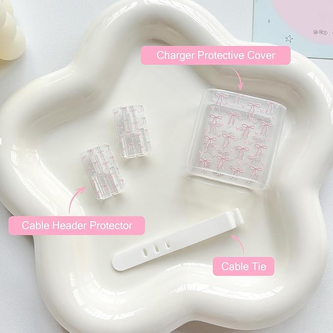 Lovmooful Compatible for iPhone 18W/20W USB-C Charger Cover Clear Lovely Bow Heart Design Soft Charger Protector Cute Cable Case Saver Protector for Girls Women-Pink Bow Heart