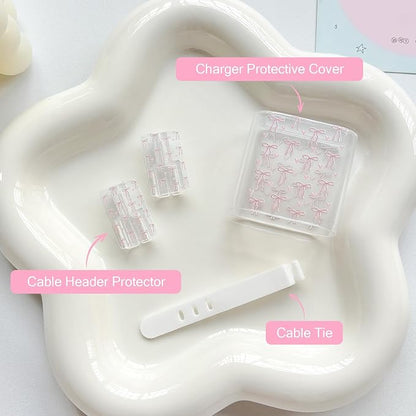 Lovmooful Compatible for iPhone 18W/20W USB-C Charger Cover Clear Lovely Bow Heart Design Soft Charger Protector Cute Cable Case Saver Protector for Girls Women-Pink Bow Heart