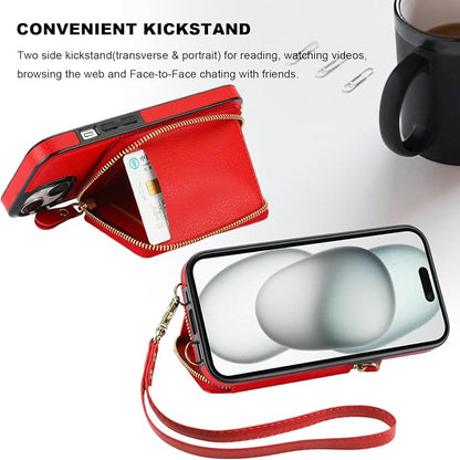 Bocasal RFID Blocking Wallet Case for iPhone 15, Adjustable Crossbody Zipper Purse Case Card Holder with Kickstand Detachable Wrist Strap, PU Leather Flip Folio Case 6.1 Inch 5G (Red)