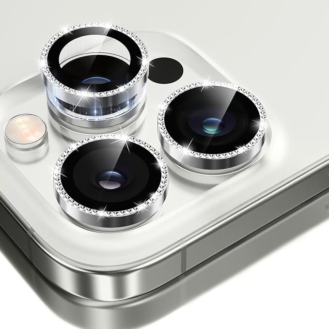 GolbinBox Camera Lens Protector for iPhone 13 Pro/13 Pro Max, 1:1 Invisible Fit, 9H Tempered Glass Ultra HD Metal Individual Camera Cover for Women, Case Friendly, Bling/Silver