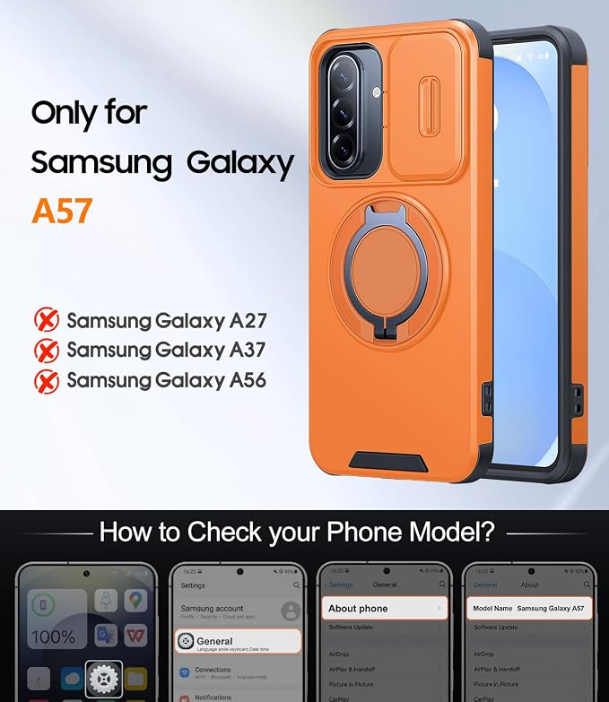 JAME for Samsung Galaxy A57 5G Case, Ring Holder Stand Kickstand, Slide Camera Cover, 2 Screen Protectors, Dual-Layer Shockproof Protective, Magnetic Accessory Friendly Galaxy A57 Phone Case, Orange