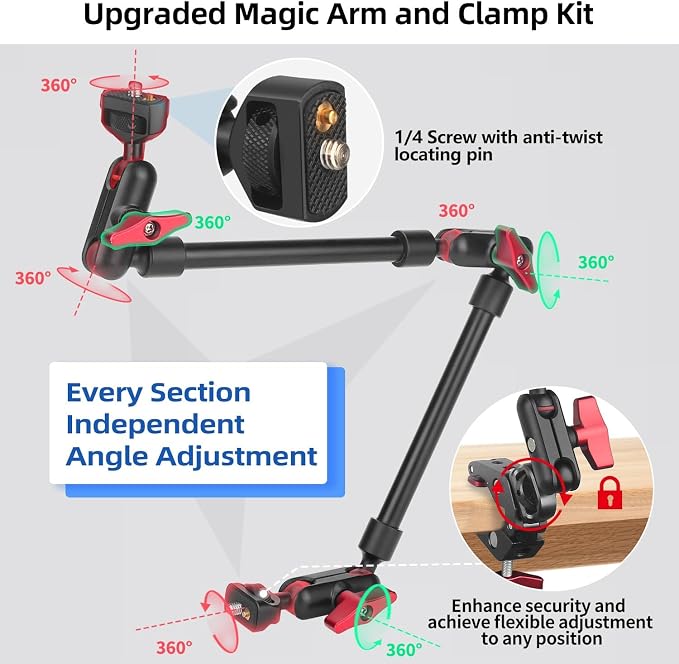 HEMMOTOP 22in Magic Arm with Clamp, Long Articulating Arm Camera Mount, Adjustable Phone Mount Holder 360° Rotation, Mic Arm for Microphone, LED Lights, for iPhone, Tripod, Desk, Table
